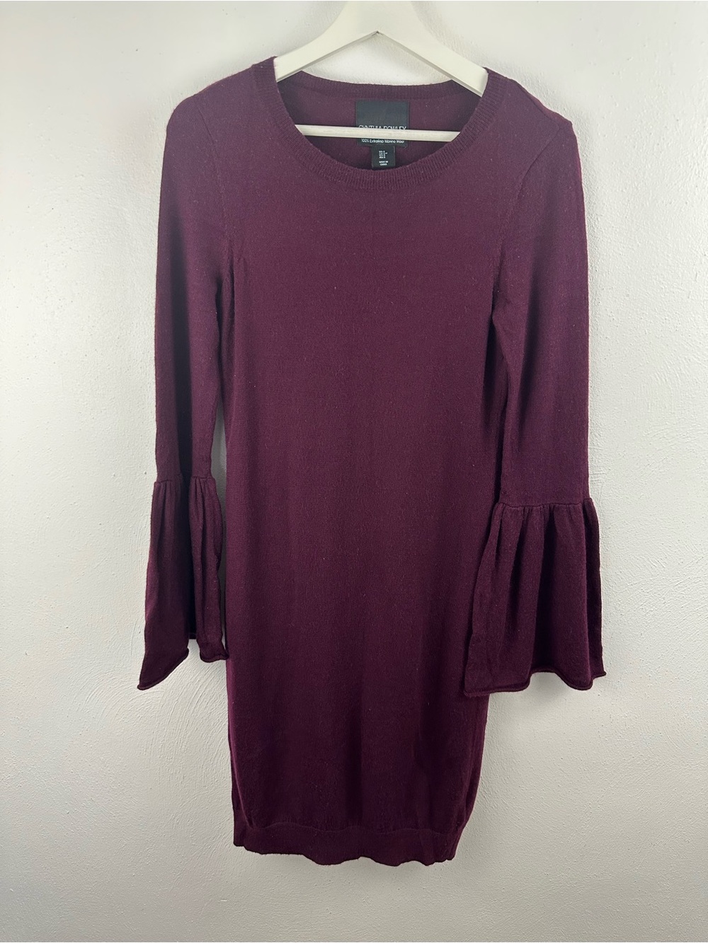 CYNTHIA ROWLEY SWEATER DRESS WINE EXTRA FINE MERINO WOOL BEEL SLEEVE WOMEN'S S